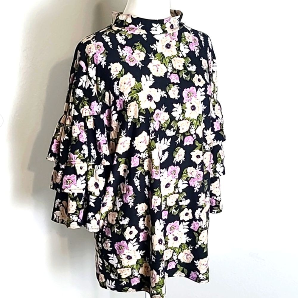 Touch Me Floral Mock Turtleneck Blouse with Layers on Sleeves,  Size 3X